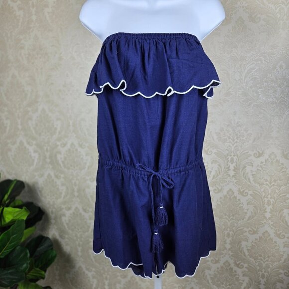 Vineyard Vines Size Small Strapless Romper Navy Blue White Scalloped Edges - Picture 1 of 11